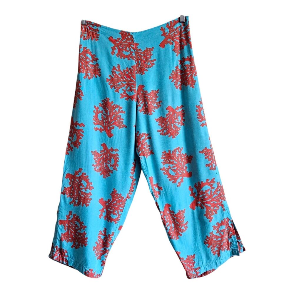 ESCAPADA Women's M Pants Cropped Wide Leg Coral Pattern Side Slits & Buttons